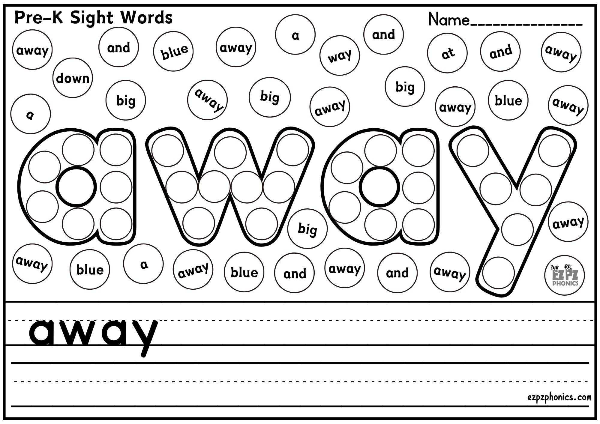"Away" Dolch Sight Word Dab & Write Worksheet Pre K Free PDF Download